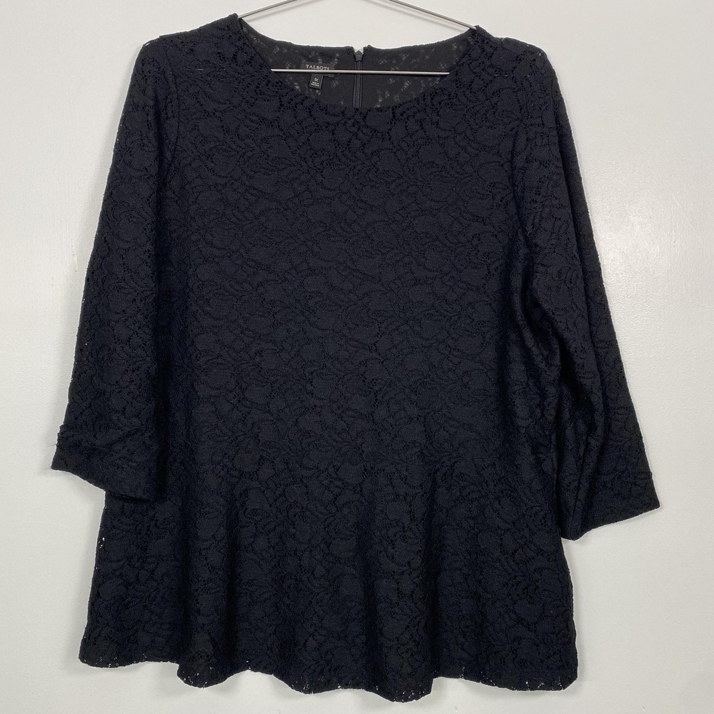Talbots Blouse Womens 1X Black Floral Lace 3/4 Sleeve Tunic‎ Top Party Cocktail